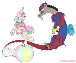 Size: 2200x1846 | Tagged: safe, artist:dozyarts, discord, oc, oc:dozy, draconequus, g4, ball, clothes, clown outfit, costume, female, hat, jester hat, nightmare night costume, simple background, white background
