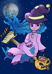 Size: 2480x3508 | Tagged: safe, artist:anykoe, izzy moonbow, pony, unicorn, g5, broom, clothes, costume, flying, flying broomstick, halloween, hat, high res, holiday, moon, pumpkin, pumpkin bucket, solo, witch hat