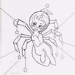 Size: 1600x1600 | Tagged: safe, artist:jewellier, trixie, monster pony, original species, pony, spiderpony, unicorn, g4, black and white, clothes, eyebrows, female, grayscale, grin, halloween, hat, holiday, lineart, mare, monochrome, multiple limbs, signature, simple background, smiling, solo, stars, tangible heavenly object, traditional art, trixie's hat, white background