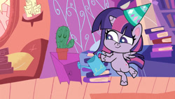 Size: 1192x670 | Tagged: safe, artist:ponylifepicsfromzsl, screencap, twilight sparkle, alicorn, pony, don't look a .gif horse in the mouth, g4, g4.5, my little pony: pony life, bipedal, cactus, female, golden oaks library, hat, mare, open mouth, party hat, solo, twilight sparkle (alicorn), watering can