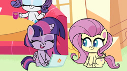 Size: 1192x670 | Tagged: safe, artist:ponylifepicsfromzsl, screencap, fluttershy, rarity, twilight sparkle, alicorn, pegasus, pony, unicorn, g4, g4.5, magical mare-story tour, my little pony: pony life, computer, cup, eyes closed, female, laptop computer, laughing, mare, open mouth, sugarcube corner, teacup, trio, trio female, twilight sparkle (alicorn)