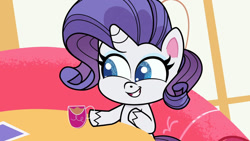 Size: 1192x670 | Tagged: safe, artist:ponylifepicsfromzsl, screencap, rarity, pony, unicorn, g4, g4.5, magical mare-story tour, my little pony: pony life, cup, female, mare, solo, sugarcube corner, teacup