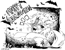 Size: 2581x1981 | Tagged: safe, artist:gale spark, oc, oc only, oc:gale spark, bat, pegasus, pony, black and white, grayscale, halloween, happy halloween, holiday, monochrome, nightmare night, solo, tongue out