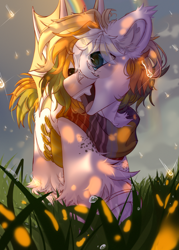 Size: 2500x3500 | Tagged: safe, artist:medkit, oc, oc only, bat pony, pony, bat wings, big eyes, clothes, cloud, cloudy, double rainbow, drop, eyes open, fangs, grass, grass field, heterochromia, high res, male, paint tool sai 2, rain, rainbow, running, scarf, shadow, sketch, smiling, solo, spread wings, stallion, stormcloud, sunlight, wings