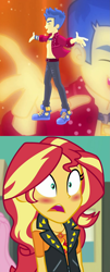 Size: 1187x2952 | Tagged: safe, edit, edited screencap, screencap, flash sentry, sunset shimmer, human, cheer you on, equestria girls, equestria girls specials, g4, my little pony equestria girls: better together, my little pony equestria girls: forgotten friendship, blushing, clothes, female, geode of empathy, magical geodes, male, open clothes, open shirt, ship:flashimmer, shipping, shipping domino, straight