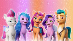 Size: 3840x2160 | Tagged: safe, hitch trailblazer, izzy moonbow, pipp petals, sunny starscout, zipp storm, earth pony, pegasus, pony, unicorn, g5, official, abstract background, female, high res, male, mane five, mane stripe sunny, mare, stallion, stock render