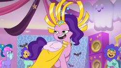 Size: 3072x1727 | Tagged: safe, screencap, delightful trifle, minty skylark, pipp petals, sugarpuff lilac, earth pony, pegasus, pony, g5, my little pony: tell your tale, nightmare night party, spoiler:g5, spoiler:my little pony: tell your tale, spoiler:tyts01e30, eyes closed, female, high res, male, mare, open mouth, open smile, smiling, stallion, youtube link