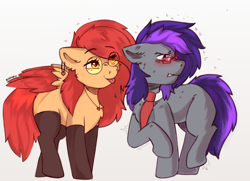 Size: 2700x1950 | Tagged: safe, artist:freak-side, oc, oc only, oc:gray summit, oc:july vortex, earth pony, pegasus, pony, :p, blushing, clothes, confused, ear piercing, earring, glasses, jewelry, necklace, necktie, piercing, shy, socks, thigh highs, tongue out