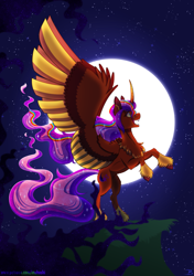 Size: 1693x2400 | Tagged: safe, artist:inuhoshi-to-darkpen, sunny starscout, alicorn, pony, g5, my little pony: a new generation, curved horn, fangs, full moon, horn, large wings, mane stripe sunny, moon, nightmare sunny, nightmarified, race swap, sunnycorn, wings