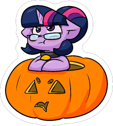 Size: 556x621 | Tagged: safe, artist:zutcha, sci-twi, twilight sparkle, pony, unicorn, equestria girls, g4, :t, angry, blushing, choker, chokertwi, collar, cute, equestria girls ponified, female, frown, glasses, halloween, holiday, jack-o-lantern, looking up, madorable, mare, outline, pet tag, pettwi, pony pet, pumpkin, sci-twi is not amused, sci-twiabetes, simple background, solo, transparent background, twiabetes, unamused, unicorn sci-twi