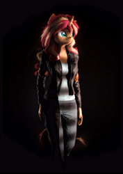 Size: 4000x5656 | Tagged: safe, artist:imafutureguitarhero, sunset shimmer, classical unicorn, unicorn, anthro, g4, 3d, absurd resolution, border, cheek fluff, chest freckles, chromatic aberration, clothes, colored eyebrows, colored eyelashes, dark background, denim, ear fluff, ear freckles, female, film grain, fluffy, fluffy mane, fluffy tail, freckles, fur, hand freckles, horn, jacket, jeans, leather, leather jacket, leonine tail, looking sideways, looking to the right, mare, multicolored hair, multicolored mane, multicolored tail, neck fluff, nose wrinkle, paintover, pants, peppered bacon, revamped anthros, revamped ponies, shirt, signature, smiling, solo, source filmmaker, tail, wall of tags