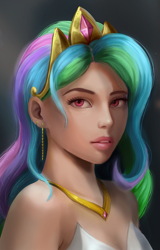 Size: 1021x1600 | Tagged: safe, artist:camyllea, princess celestia, human, g4, bare shoulders, digital painting, humanized, lacrimal caruncle, light skin, sleeveless, solo, strapless