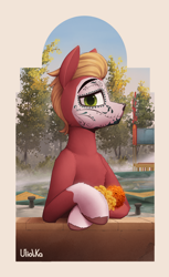 Size: 2611x4263 | Tagged: safe, artist:uliovka, sprout cloverleaf, earth pony, pony, g5, catrina (calavera garbancera), cempasúchil, dia de los muertos, flower, male, scenery, smiling, solo, stallion