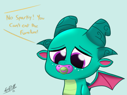 Size: 3200x2400 | Tagged: safe, artist:_cobalttuelatte, sparky sparkeroni, dragon, g5, cute, high res, implied hitch trailblazer, offscreen character, pacifier, simple background, sparkybetes