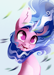 Size: 489x678 | Tagged: safe, artist:28gooddays, izzy moonbow, pony, unicorn, g5, bust, female, mare, no pupils, open mouth, open smile, portrait, smiling, solo, windswept mane