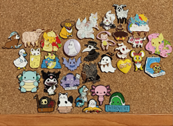 Size: 909x663 | Tagged: safe, applejack, fluttershy, rainbow dash, blastoise, earth pony, mew, pegasus, pony, g4, chibi, collection, corkboard, cute, enamel pin, food, furry, horror, kuromi, moomins, mythical pokémon, photo, pizza, pokémon, sanrio, the nightmare before christmas