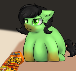 Size: 2347x2178 | Tagged: safe, artist:dumbwoofer, oc, oc:filly anon, earth pony, pony, cheeto dust, cheetos, ear fluff, fat, female, filly, foal, high res, messy, messy eating, obese, simple background, slob, solo