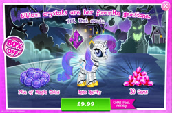 Size: 1964x1300 | Tagged: safe, gameloft, rarity, pony, robot, robot pony, unicorn, g4, advertisement, antennae, camera, costs real money, english, female, gem, hologram, horn, introduction card, magic coins, mare, numbers, raribot, robo rarity, roboticization, sale, solo, text, tree
