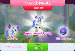 Size: 1268x860 | Tagged: safe, gameloft, rarity, pony, robot, robot pony, unicorn, g4, antennae, bundle, camera, costs real money, duality, english, female, height difference, hologram, horn, magic coins, mare, numbers, rainbow, raribot, robo rarity, roboticization, sale, solo, special bundle, supercharged rarity, text