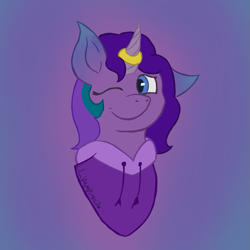 Size: 945x945 | Tagged: safe, artist:lil_vampirecj, oc, oc only, oc:mauve, hybrid, pony, bust, jewelry, looking at you, one eye closed, pegicorn, portrait, ring, smiling, smiling at you, solo, wink, winking at you