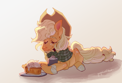 Size: 2200x1500 | Tagged: safe, artist:yuyusunshine, applejack, earth pony, pony, g4, food, lying down, pie, prone, solo