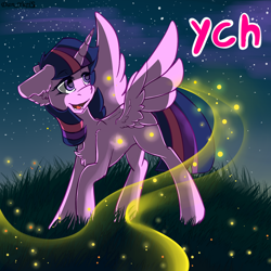 Size: 1780x1780 | Tagged: safe, artist:yuris, twilight sparkle, alicorn, firefly (insect), insect, pony, g4, advertisement, auction, community related, ears back, eyebrows, eyebrows visible through hair, female, field, grass, looking back, mare, night, open mouth, open smile, signature, smiling, solo, spread wings, stars, twilight sparkle (alicorn), wings, ych example, your character here