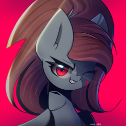 Size: 2000x2000 | Tagged: safe, artist:miryelis, oc, oc only, oc:rainven wep, pegasus, pony, big ears, bust, cut, female, high res, look, looking at you, ponytail, red eyes, signature, simple background, smiling, solo