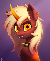 Size: 2000x2400 | Tagged: safe, artist:luminousdazzle, oc, oc only, oc:jackie, pony, unicorn, bust, chest fluff, collar, colored horn, curved horn, ear piercing, earring, eyebrows, fangs, female, glowing, glowing eyes, grin, high res, horn, jewelry, looking at you, mare, piercing, signature, simple background, smiling, smiling at you, solo, spiked collar, unicorn oc