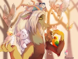 Size: 1080x822 | Tagged: safe, artist:deepfantasy6, discord, reginald fursome, bee, bird, butterfly, cockatiel, draconequus, insect, rabbit, squirrel, g5, idw, spoiler:comic, spoiler:g5comic, animal, heart, horn, old man discord, signature, tree