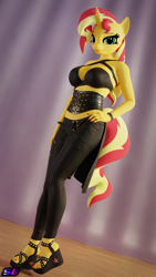 Size: 2160x3840 | Tagged: safe, artist:shadowboltsfm, sunset shimmer, unicorn, anthro, plantigrade anthro, g4, 3d, 4k, blender, bra, bracelet, breasts, clothes, corset, feet, female, hand on hip, high heels, high res, jewelry, looking at you, not sfm, sandals, sexy, shoes, smiling, wedge heel