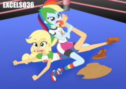Size: 935x661 | Tagged: safe, artist:excelso36, applejack, rainbow dash, human, equestria girls, g4, barefoot, clothes, concerned, feet, female, fetish, foot fetish, foot worship, gym shorts, lesbian, licking, licking foot, no socks, rainbow socks, reference, shipping, shorts, simple background, socks, spongebob reference, spongebob squarepants, sports, sports shorts, striped socks, the fry cook games, tongue out, wrestling