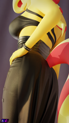 Size: 2160x3840 | Tagged: safe, artist:shadowboltsfm, sunset shimmer, anthro, plantigrade anthro, g4, 3d, 4k, blender, bra, breasts, clothes, corset, female, hand on hip, high res, implied tail hole, low angle, not sfm, rear view, sideboob, solo, tail, underwear