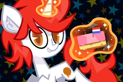 Size: 1772x1181 | Tagged: safe, artist:spacekitsch, oc, oc only, oc:stroopwafeltje, pony, unicorn, flag, magic, solo, telekinesis