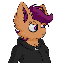 Size: 3072x3072 | Tagged: safe, artist:taeko, derpibooru exclusive, scootaloo, pegasus, anthro, fanfic:rainbow factory, 2022, absentia, bags under eyes, cheek fluff, chest fluff, clothes, ear fluff, eyelashes, factory scootaloo, fanfic art, female, hoodie, looking offscreen, simple background, solo, teenager, transparent background
