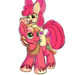 Size: 1378x1378 | Tagged: safe, artist:mlpsprout, apple bloom, big macintosh, earth pony, pony, g4, apple bloom riding big macintosh, brother and sister, female, filly, foal, male, open mouth, siblings, simple background, smiling, stallion, unshorn fetlocks, white background
