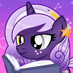 Size: 500x500 | Tagged: safe, artist:jennieoo, oc, oc:midnight twinkle, pony, unicorn, animated, avatar, blinking, book, commission, freckles, gif, heterochromia, icon, pencil, reading, simple background, solo, space, vector