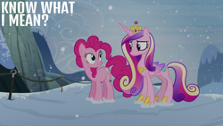 Size: 1280x720 | Tagged: safe, edit, edited screencap, editor:quoterific, screencap, pinkie pie, princess cadance, alicorn, earth pony, pony, g4, party pooped, crown, duo, duo female, female, grin, hoof shoes, jewelry, looking at each other, looking at someone, mare, regalia, smiling, snow, snowfall