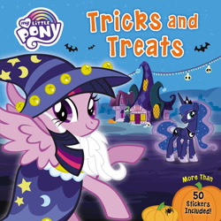 Size: 648x648 | Tagged: safe, princess luna, twilight sparkle, alicorn, bat, pony, g4, luna eclipsed, official, book cover, clothes, costume, cover, halloween, halloween costume, holiday, logo, my little pony logo, nightmare night, pumpkin, star swirl the bearded costume, stock vector, tricks and treats, twilight sparkle (alicorn)