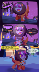 Size: 1927x3501 | Tagged: safe, artist:riukime, oc, oc only, oc:jinx, big cat, draconequus, hybrid, lion, animal costume, bag, candy, candy bag, clothes, costume, cute, dialogue, draconequus oc, female, filly, foal, food, halloween, holiday, interspecies offspring, mouth hold, nightmare night costume, ocbetes, offspring, parent:discord, parent:twilight sparkle, parents:discolight, this will end in tears, trick or treat