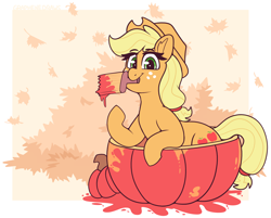 Size: 2550x2050 | Tagged: safe, artist:graphene, part of a set, applejack, earth pony, pony, g4, apple, cute, high res, leaves, paint, pumpkin, solo, that pony sure does love apples