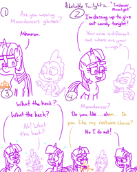 Size: 4779x6013 | Tagged: safe, artist:adorkabletwilightandfriends, moondancer, spike, twilight sparkle, alicorn, dragon, pony, unicorn, comic:adorkable twilight and friends, g4, adorkable, adorkable twilight, clothes, comic, costume, cute, disguise, dork, female, friendship, glasses, halloween, halloween costume, hand on chin, holiday, makeup, male, mare, nightmare night, pumpkin, scared, shocked, silly, slice of life, surprised, suspicious, thinking, towel, twilight sparkle (alicorn)