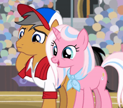 Size: 800x700 | Tagged: safe, screencap, clear sky, quibble pants, earth pony, pony, unicorn, common ground, g4, animated, baseball cap, cap, clothes, cropped, crowd, duo focus, female, gif, hat, hug, male, mare, nuzzling, ship:quibblesky, shipping, shirt, stallion, straight, talking