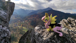 Size: 1192x670 | Tagged: safe, fluttershy, bat pony, pony, g4, bat ponified, female, flutterbat, irl, mountain, photo, plushie, ponies in real life, race swap, scenery, solo