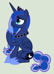 Size: 1600x2171 | Tagged: safe, artist:evilfrenzy, princess luna, alicorn, pony, g4, alternate hairstyle, alternate tailstyle, ethereal mane, female, formal wear, green background, jewelry, mare, necklace, raised leg, regalia, simple background, sitting, smiling, solo, starry mane, tail, touching face