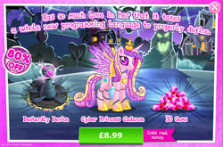 Size: 1962x1296 | Tagged: safe, gameloft, princess cadance, alicorn, pony, robot, robot pony, g4, advertisement, costs real money, english, female, gem, horn, introduction card, mare, numbers, princess botdance, roboticization, sale, solo, spread wings, text, tree, wings