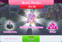 Size: 1266x857 | Tagged: safe, gameloft, princess cadance, alicorn, pony, robot, robot pony, g4, bundle, costs real money, english, female, gem, horn, mare, numbers, princess botdance, roboticization, royal bundle, sale, solo, spread wings, text, tree, wings