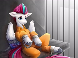 Size: 2560x1920 | Tagged: safe, artist:buvanybu, zipp storm, pegasus, pony, g5, bound wings, cell, chains, clothes, cuffs, female, jail, jail cell, jumpsuit, mare, never doubt rainbowdash69's involvement, prison, prison outfit, prisoner zipp, sitting, solo, wings