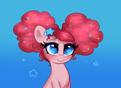 Size: 1280x934 | Tagged: safe, artist:confetticakez, pinkie pie, earth pony, pony, g4, alternate hairstyle, blue background, cute, diapinkes, ethereal mane, female, heart, heart eyes, mare, pinkie puffs, simple background, smiling, solo, starry mane, stars, wingding eyes