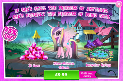 Size: 1964x1300 | Tagged: safe, gameloft, screencap, princess cadance, alicorn, pony, g4, idw, my little pony: magic princess, advertisement, bush, chains, costs real money, crown, ear piercing, english, evil cadance, evil counterpart, eyeshadow, female, game screencap, gem, goth, horn, idw showified, introduction card, jewelry, lilypad, lock, makeup, mare, mirror universe, necklace, numbers, piercing, regalia, sale, solo, solo focus, spread wings, text, tree, water, wings