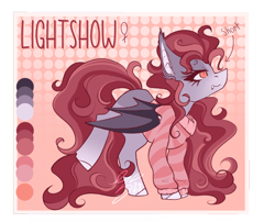 Size: 1356x1094 | Tagged: safe, artist:ezzerie, oc, oc:lightshow, bat pony, abstract background, baggy sweater, clothes, gradient, long mane, looking up, pink background, raised leg, redesign, reference sheet, short, signature, simple background, smiling, smol, solo, sweater